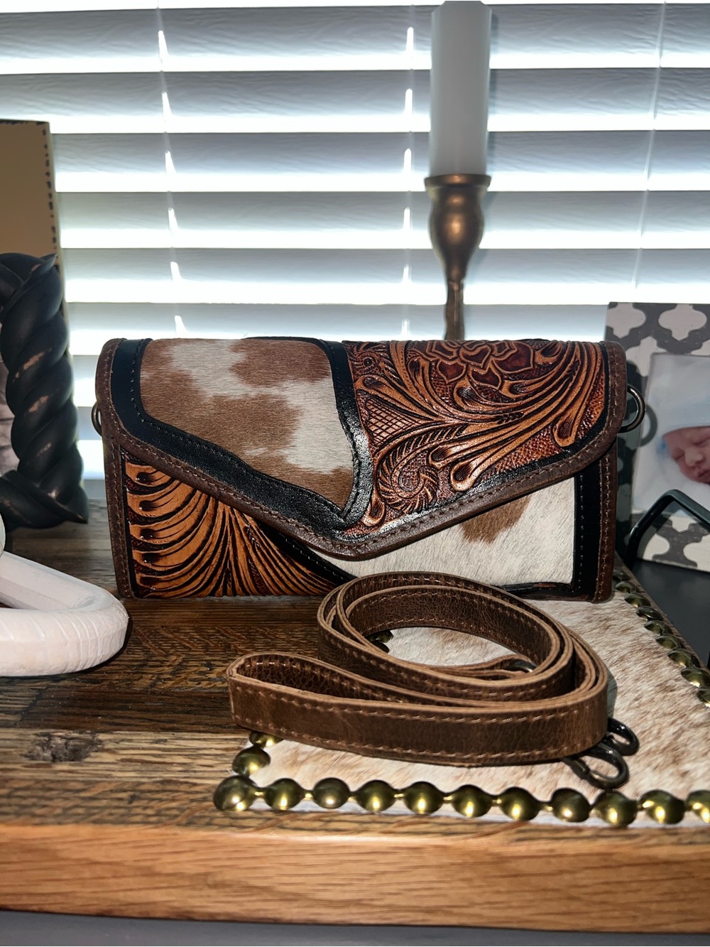Women's Tooled Leather & Cowhide Crossbody Wallet- Brown